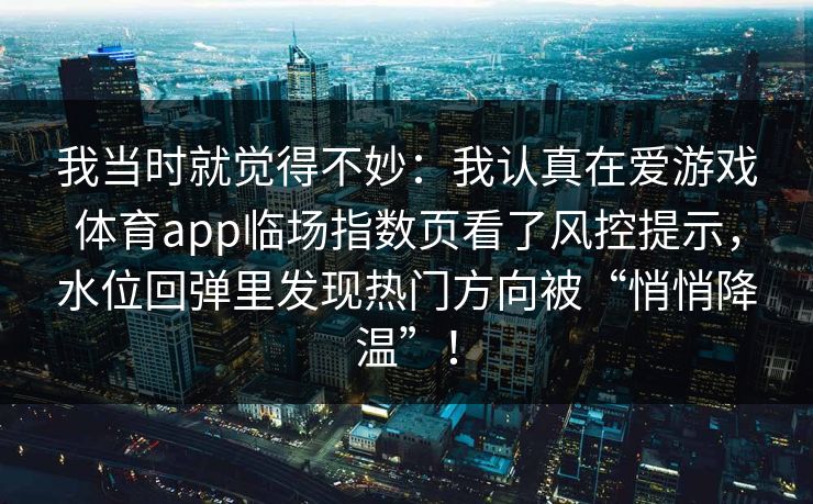 我当时就觉得不妙:我认真在爱游戏体育app临场指数页看了风控提示,水位回弹里发现热门方向被“悄悄降温”! 我当时就觉得不妙:我认真在爱游戏体育app临场指数页看了风控提示,水位回弹里发现热门方向被“悄悄降温”!